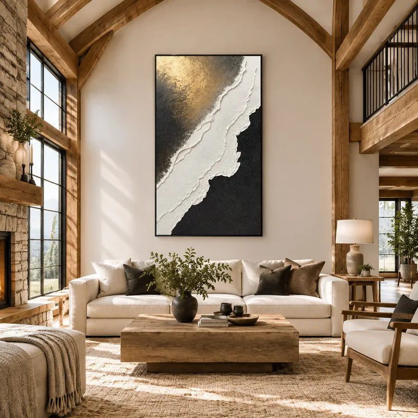Plaster & Texture abstract oil painting showing layered abstract marks, texture and expressive painterly movement in a black and white palette.