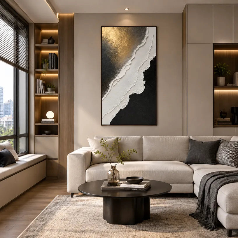 Plaster & Texture abstract oil painting showing layered abstract marks, texture and expressive painterly movement in a black and white palette.
