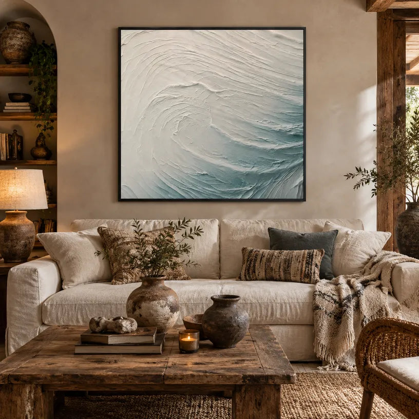 Plaster & Texture abstract oil painting showing layered abstract marks, texture and expressive painterly movement in a grey palette.