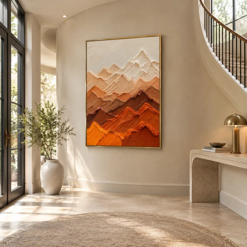 Plaster & Texture abstract oil painting showing layered abstract marks, texture and expressive painterly movement in a orange palette.