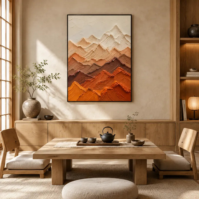 Plaster & Texture abstract oil painting showing layered abstract marks, texture and expressive painterly movement in a orange palette.