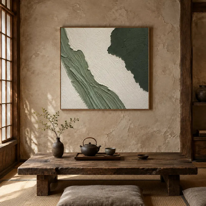 Plaster & Texture abstract oil painting showing layered abstract marks, texture and expressive painterly movement in a green palette.