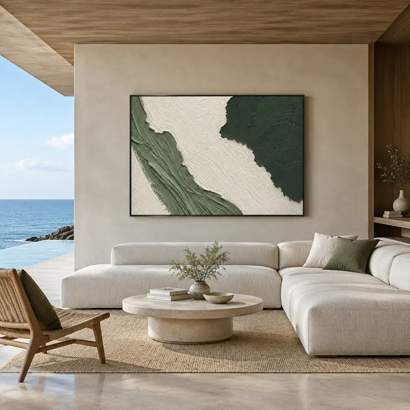 Plaster & Texture abstract oil painting showing layered abstract marks, texture and expressive painterly movement in a green palette.
