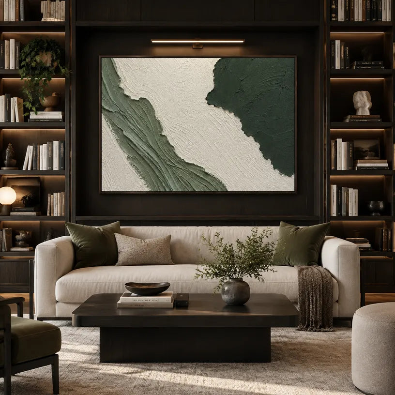 Plaster & Texture abstract oil painting showing layered abstract marks, texture and expressive painterly movement in a green palette.