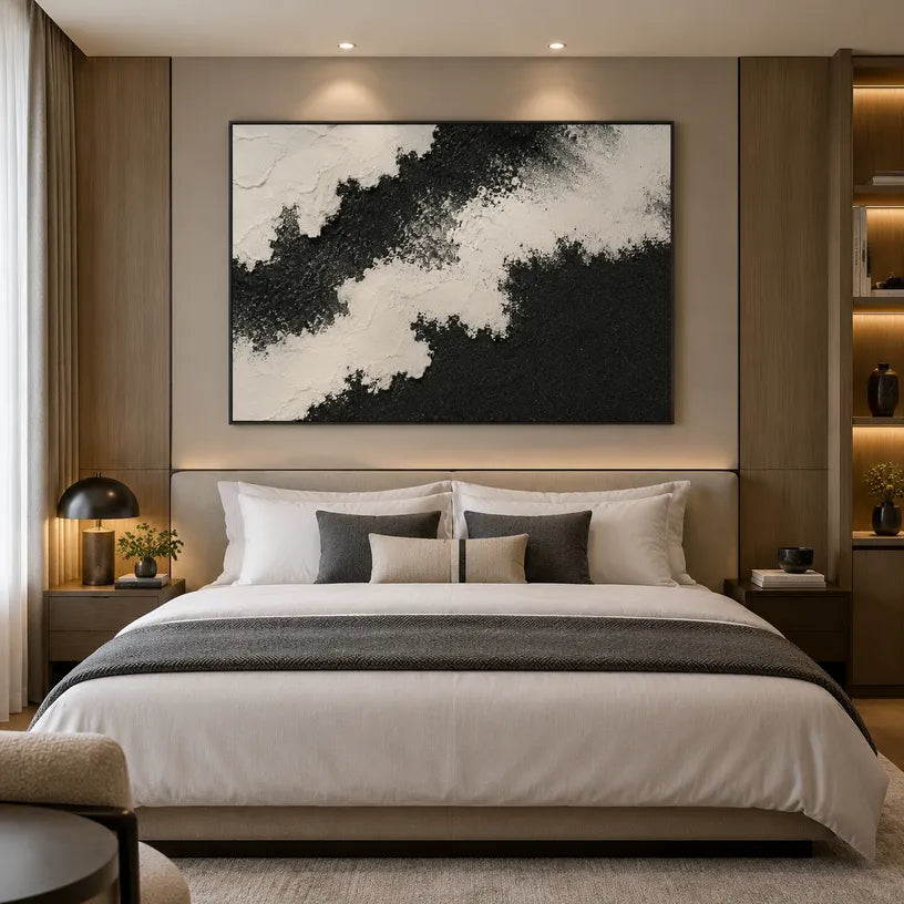 Plaster & Texture abstract oil painting showing layered abstract marks, texture and expressive painterly movement in a black palette.