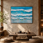 Plaster & Texture abstract oil painting showing layered abstract marks, texture and expressive painterly movement in a blue palette.