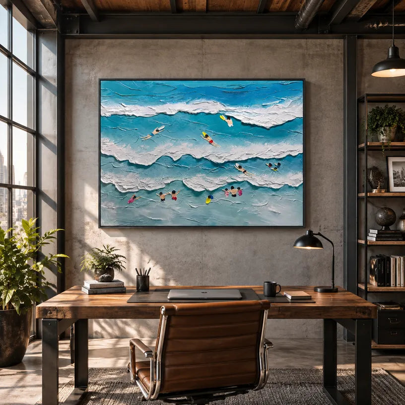 Plaster & Texture abstract oil painting showing layered abstract marks, texture and expressive painterly movement in a blue palette.