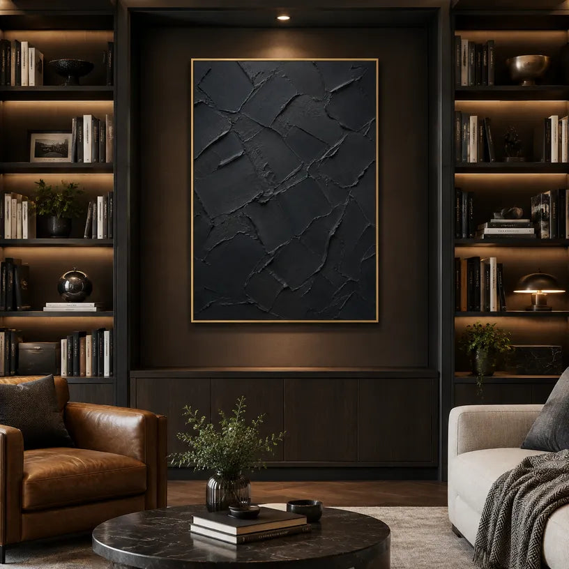 Plaster & Texture abstract oil painting showing layered abstract marks, texture and expressive painterly movement in a black palette.