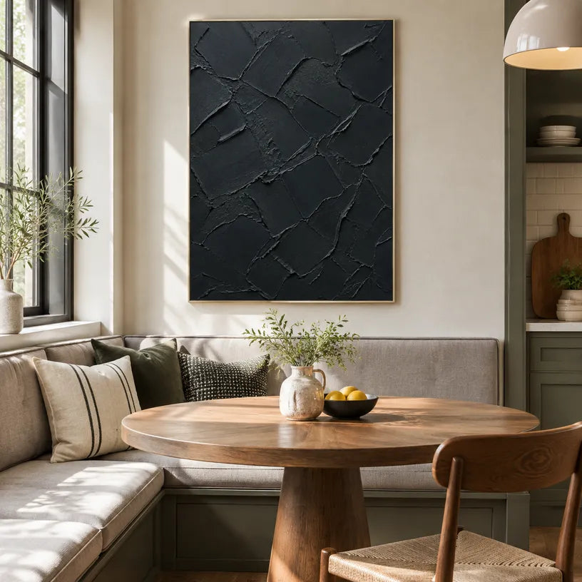 Plaster & Texture abstract oil painting showing layered abstract marks, texture and expressive painterly movement in a black palette.