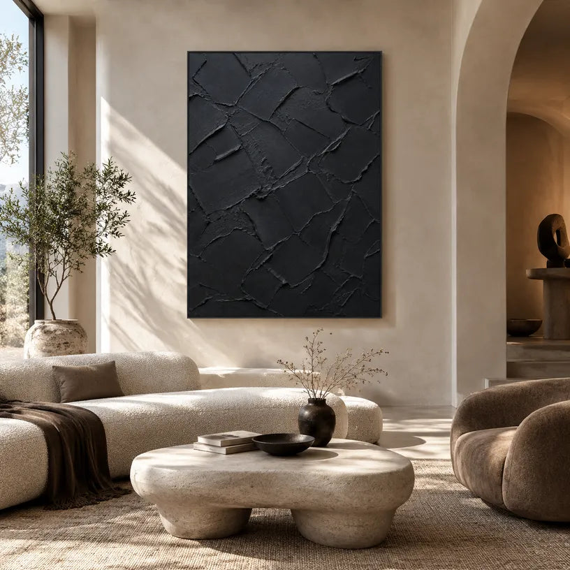 Plaster & Texture abstract oil painting showing layered abstract marks, texture and expressive painterly movement in a black palette.