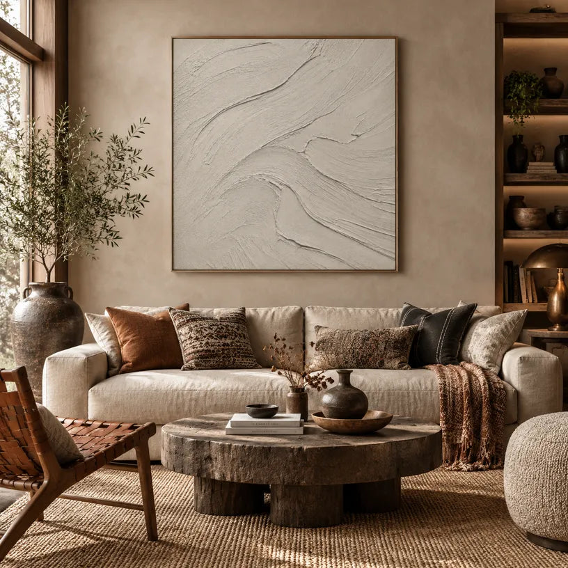 Plaster & Texture abstract oil painting showing layered abstract marks, texture and expressive painterly movement in a grey palette.