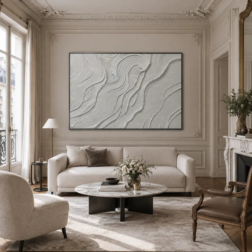Plaster & Texture abstract oil painting showing layered abstract marks, texture and expressive painterly movement in a grey palette.