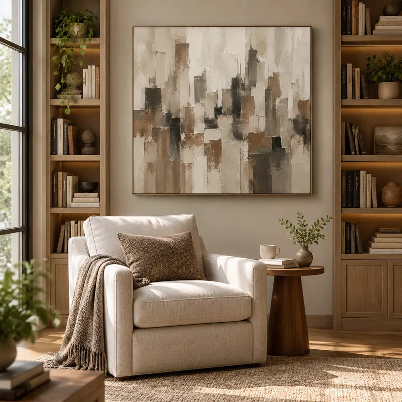 Plaster & Texture abstract oil painting showing layered abstract marks, texture and expressive painterly movement in a brown palette.
