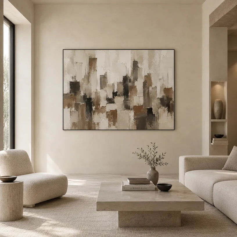 Plaster & Texture abstract oil painting showing layered abstract marks, texture and expressive painterly movement in a brown palette.