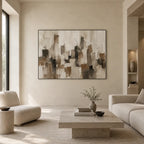 Plaster & Texture abstract oil painting showing layered abstract marks, texture and expressive painterly movement in a brown palette.