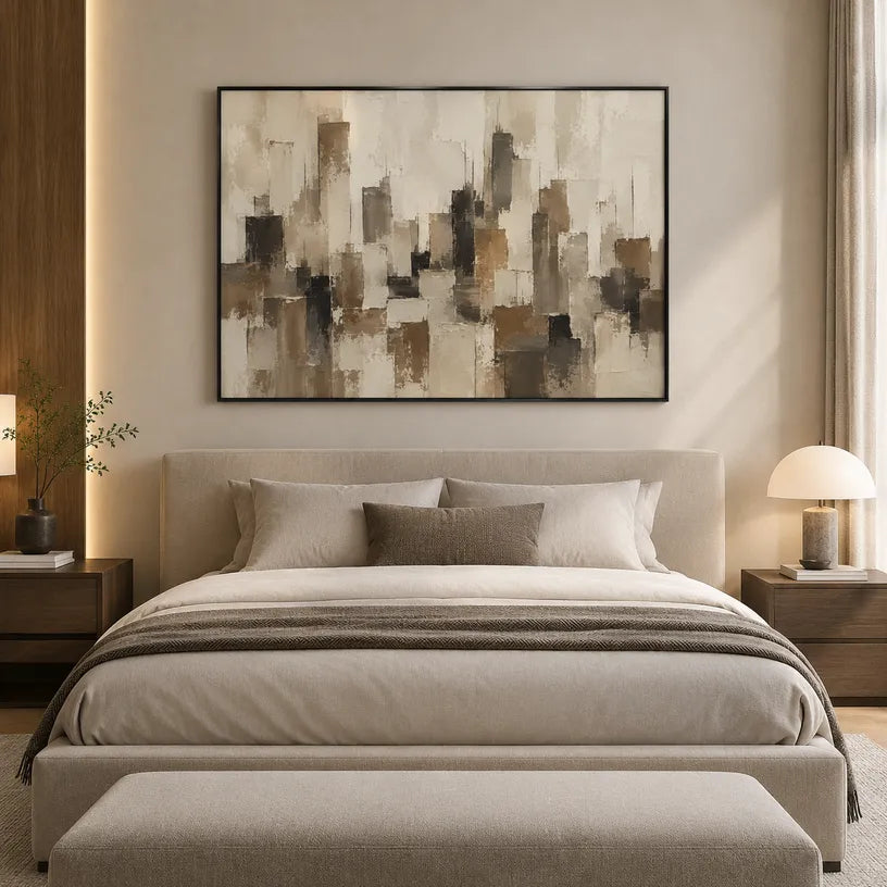 Plaster & Texture abstract oil painting showing layered abstract marks, texture and expressive painterly movement in a brown palette.