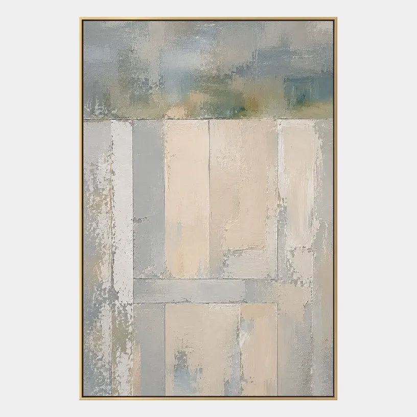 Plaster & Texture abstract oil painting showing layered abstract marks, texture and expressive painterly movement in a grey palette.