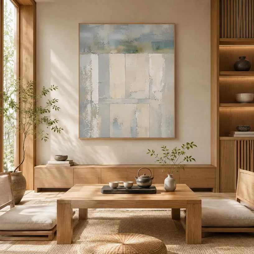 Plaster & Texture abstract oil painting showing layered abstract marks, texture and expressive painterly movement in a grey palette.