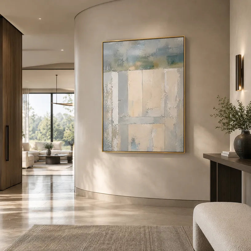 Plaster & Texture abstract oil painting showing layered abstract marks, texture and expressive painterly movement in a grey palette.