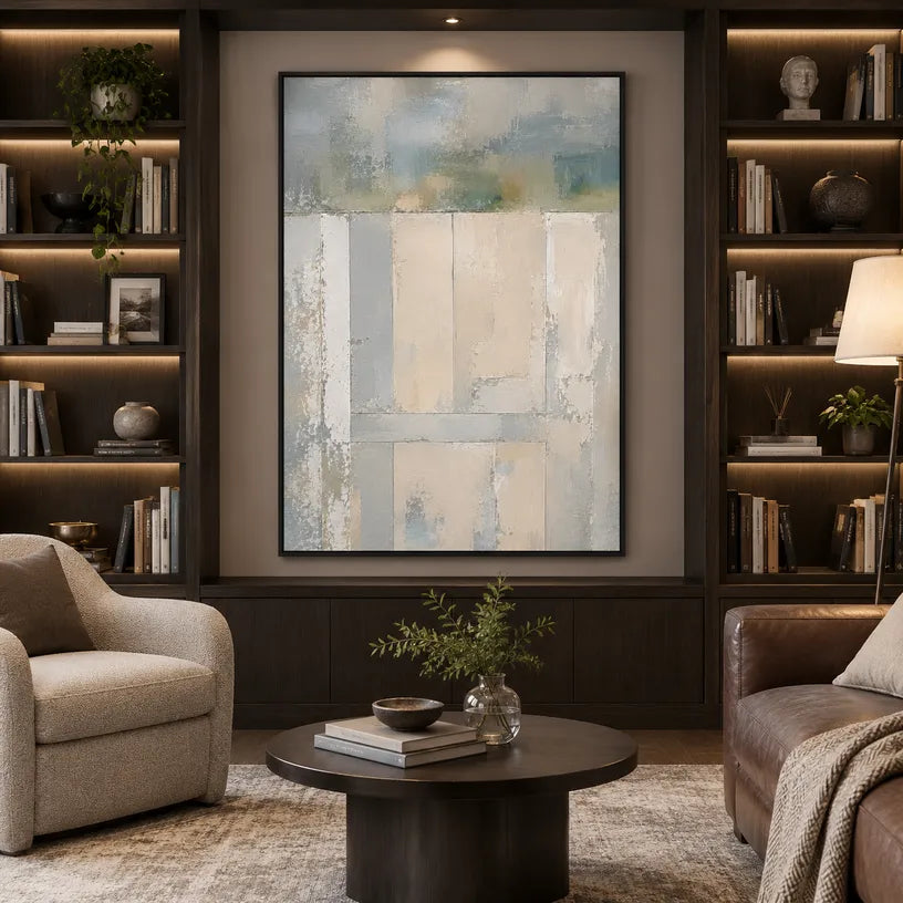 Plaster & Texture abstract oil painting showing layered abstract marks, texture and expressive painterly movement in a grey palette.