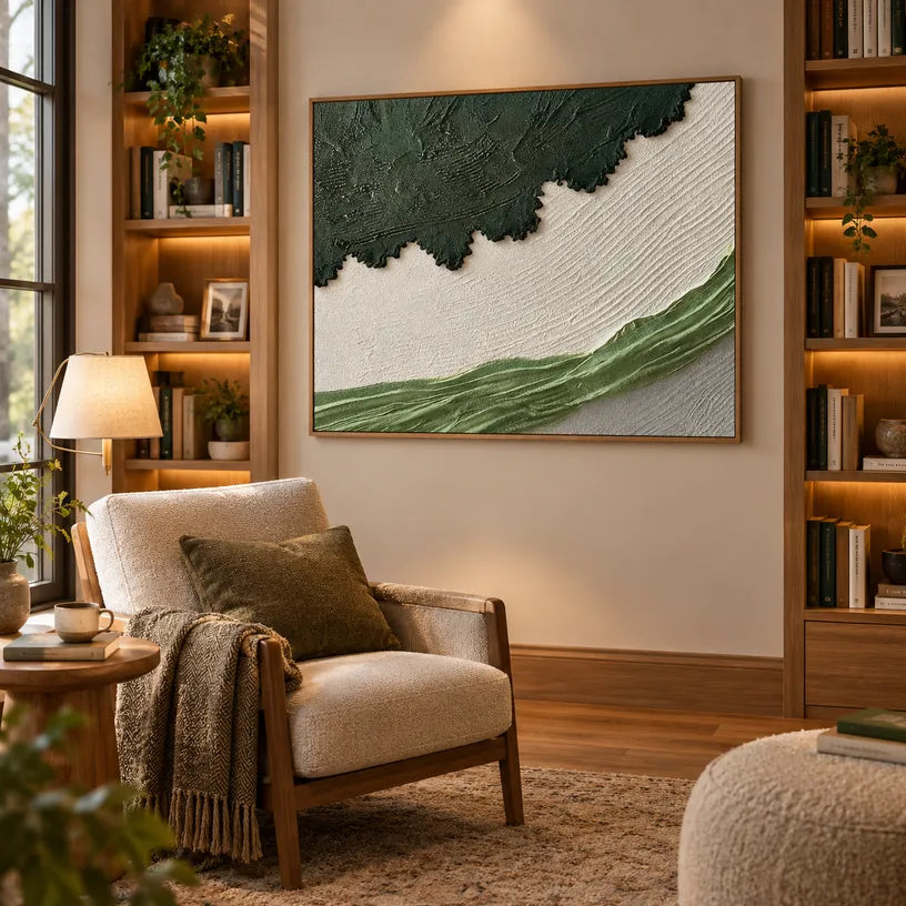 Plaster & Texture abstract oil painting showing layered abstract marks, texture and expressive painterly movement in a green palette.