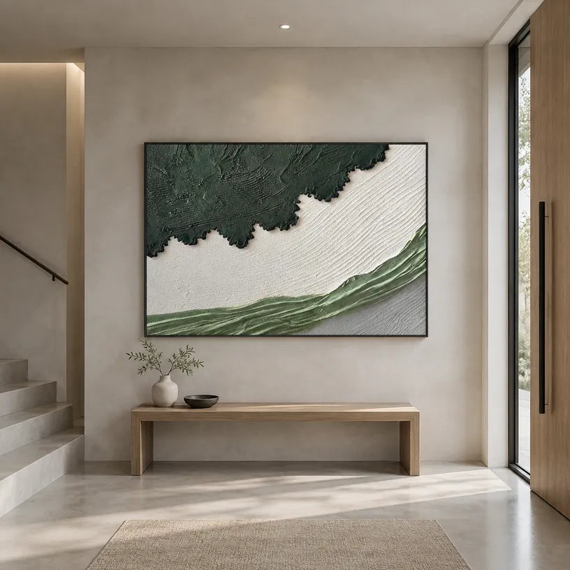 Plaster & Texture abstract oil painting showing layered abstract marks, texture and expressive painterly movement in a green palette.