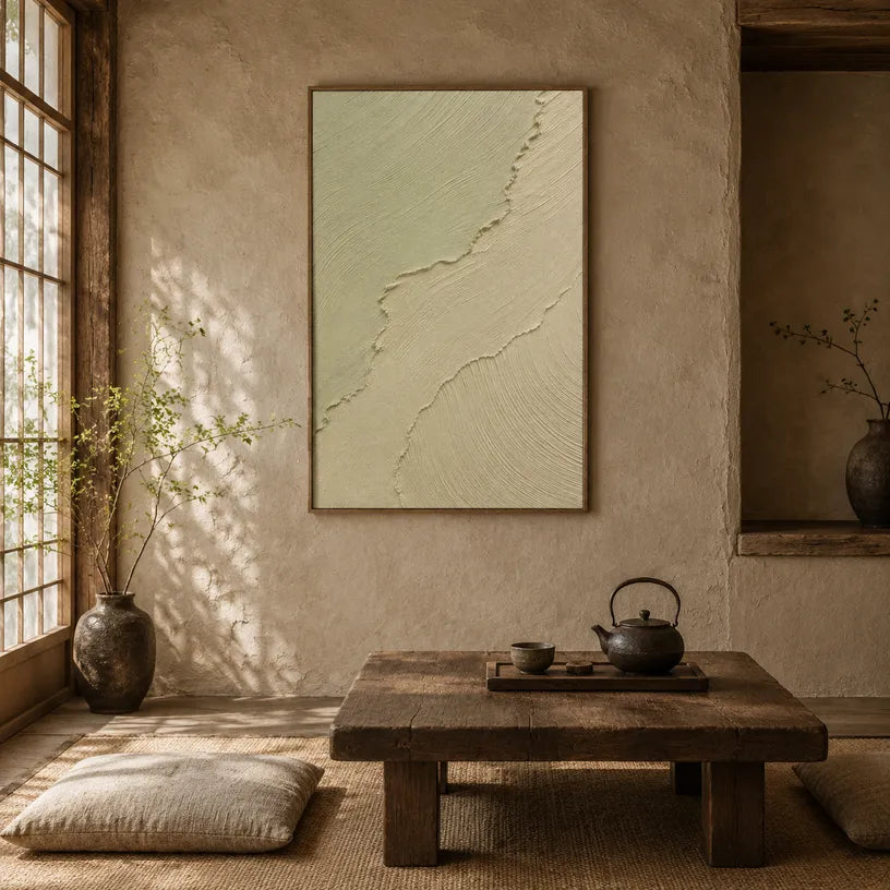Plaster & Texture abstract oil painting showing layered abstract marks, texture and expressive painterly movement in a beige palette.