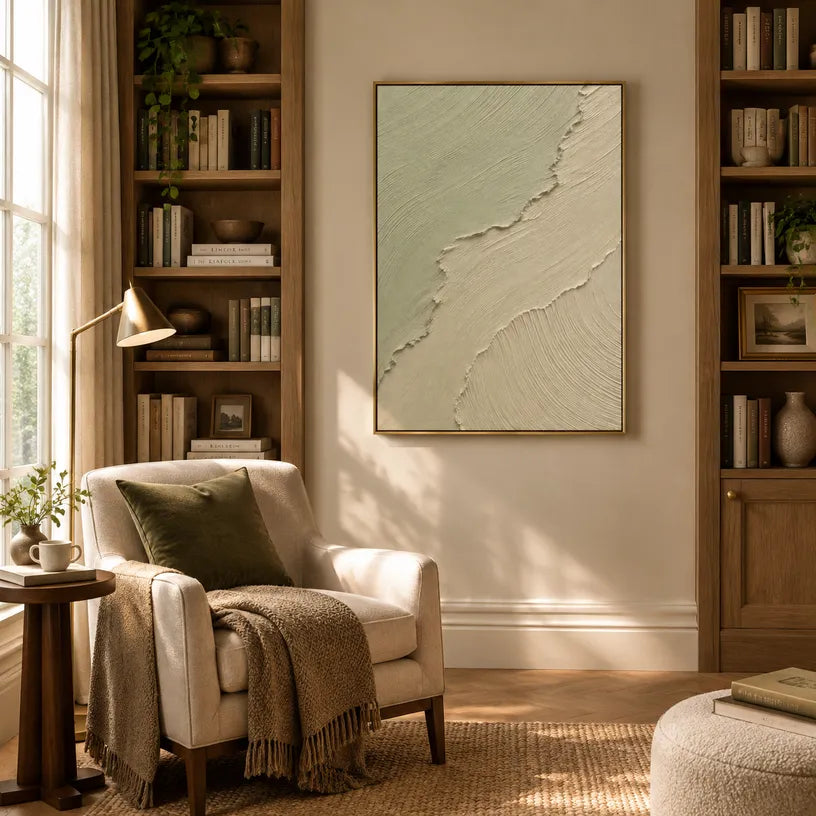 Plaster & Texture abstract oil painting showing layered abstract marks, texture and expressive painterly movement in a beige palette.
