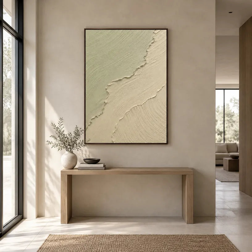 Plaster & Texture abstract oil painting showing layered abstract marks, texture and expressive painterly movement in a beige palette.