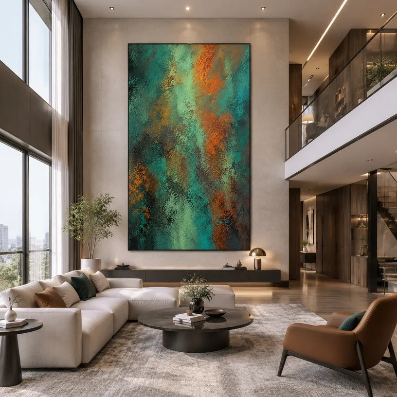 Plaster & Texture abstract oil painting showing layered abstract marks, texture and expressive painterly movement in a green palette.