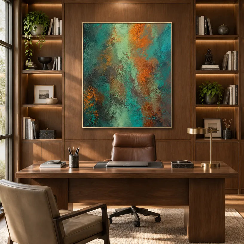 Plaster & Texture abstract oil painting showing layered abstract marks, texture and expressive painterly movement in a green palette.