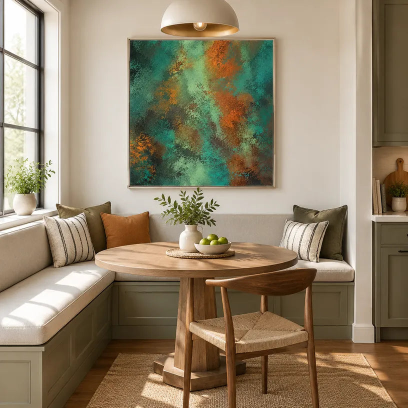 Plaster & Texture abstract oil painting showing layered abstract marks, texture and expressive painterly movement in a green palette.