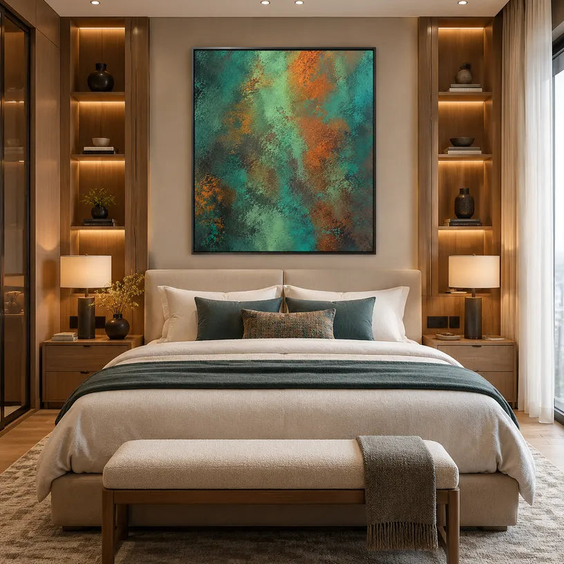 Plaster & Texture abstract oil painting showing layered abstract marks, texture and expressive painterly movement in a green palette.