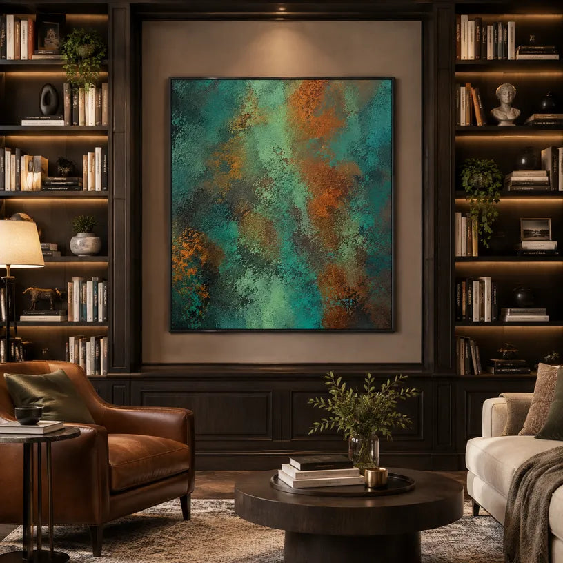 Plaster & Texture abstract oil painting showing layered abstract marks, texture and expressive painterly movement in a green palette.
