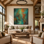 Plaster & Texture abstract oil painting showing layered abstract marks, texture and expressive painterly movement in a green palette.