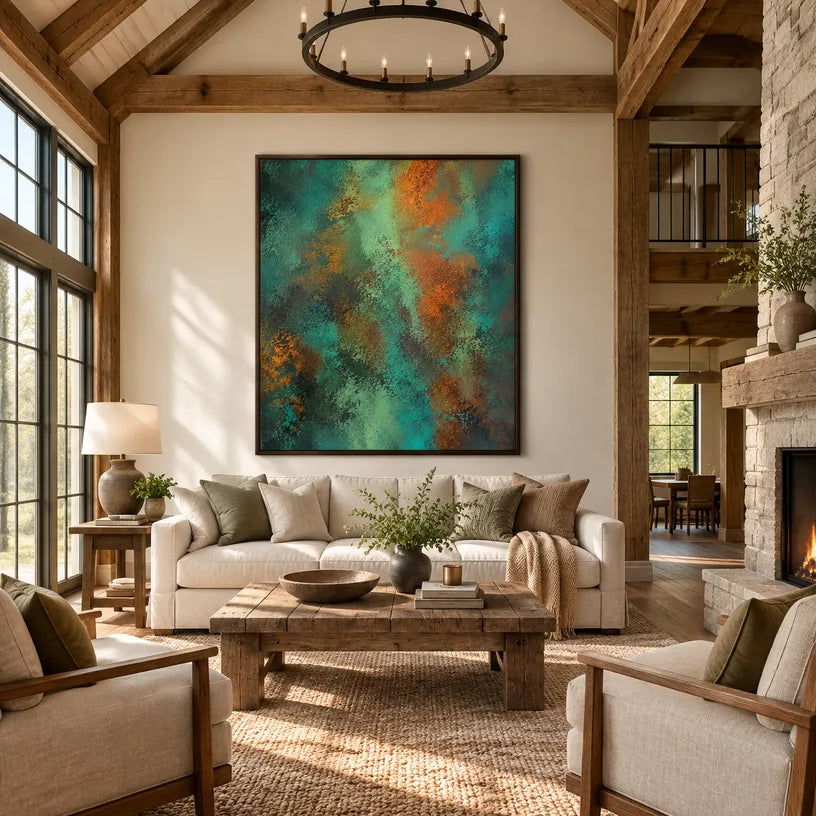 Plaster & Texture abstract oil painting showing layered abstract marks, texture and expressive painterly movement in a green palette.