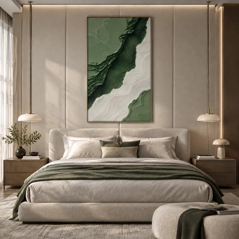 Plaster & Texture abstract oil painting showing layered abstract marks, texture and expressive painterly movement in a green palette.