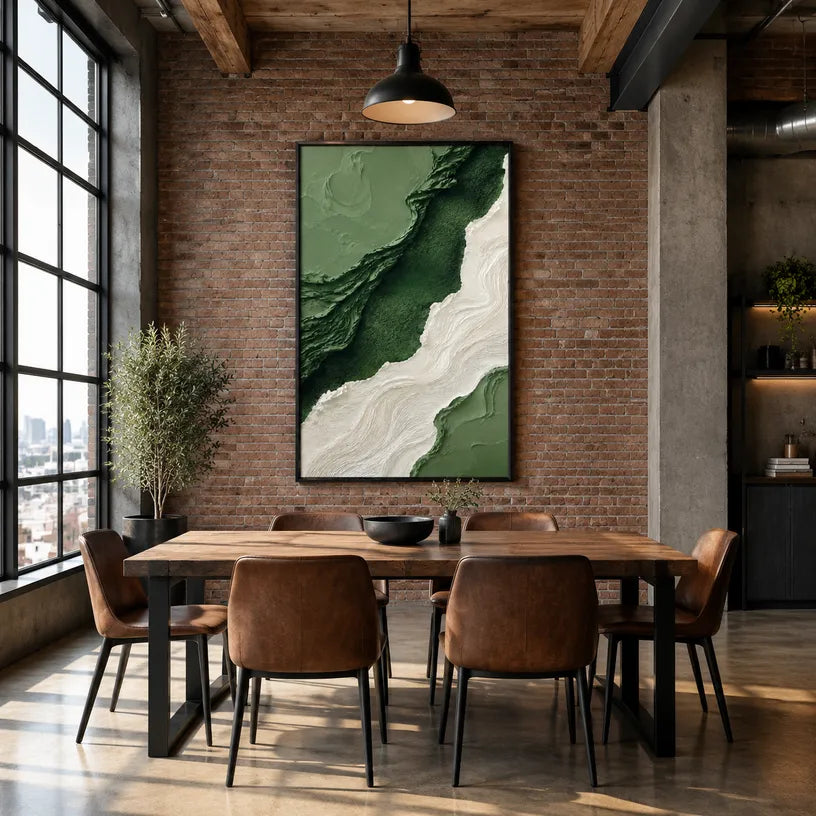 Plaster & Texture abstract oil painting showing layered abstract marks, texture and expressive painterly movement in a green palette.