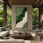 Plaster & Texture abstract oil painting showing layered abstract marks, texture and expressive painterly movement in a green palette.