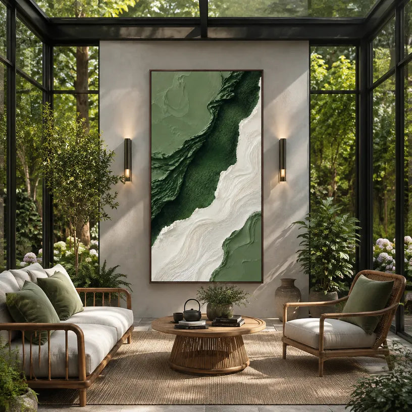 Plaster & Texture abstract oil painting showing layered abstract marks, texture and expressive painterly movement in a green palette.