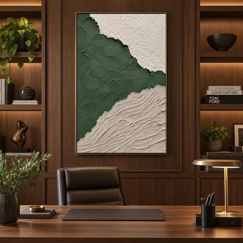 Plaster & Texture abstract oil painting showing layered abstract marks, texture and expressive painterly movement in a green palette.
