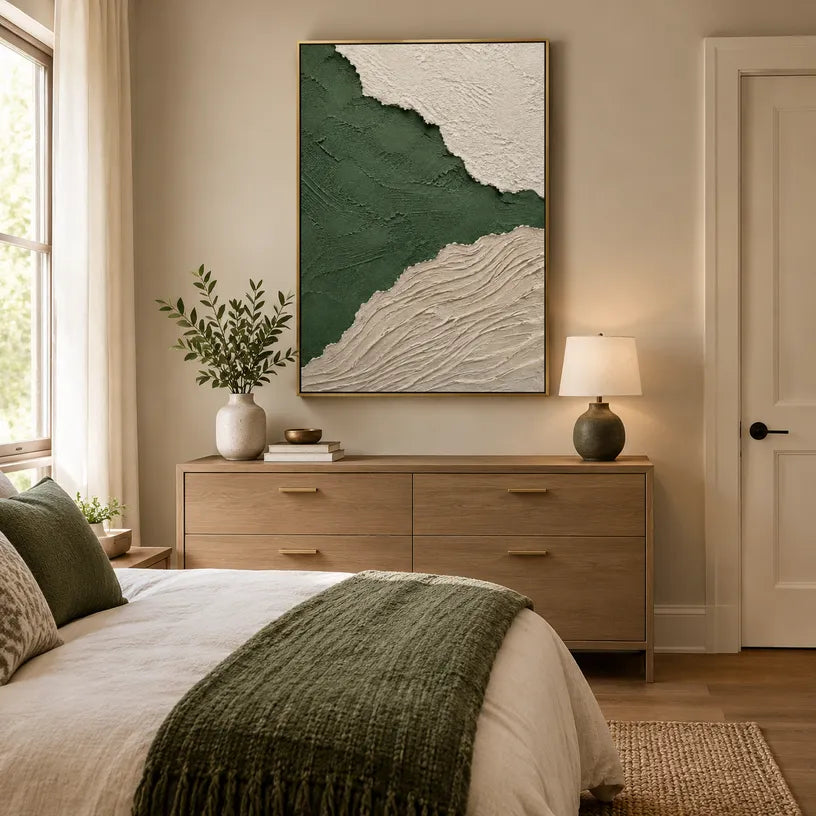 Plaster & Texture abstract oil painting showing layered abstract marks, texture and expressive painterly movement in a green palette.