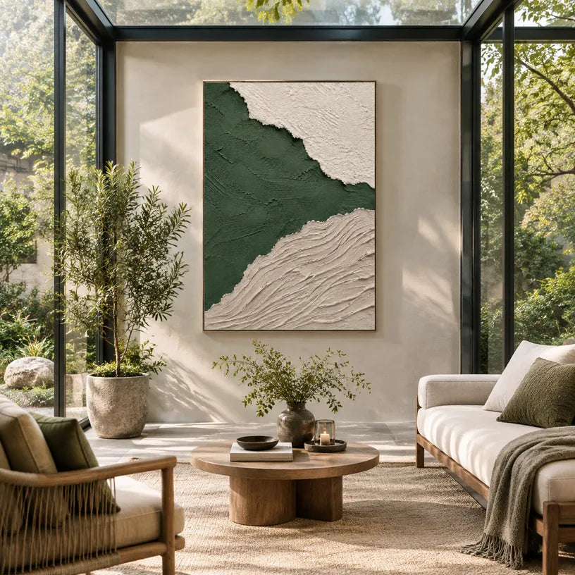 Plaster & Texture abstract oil painting showing layered abstract marks, texture and expressive painterly movement in a green palette.