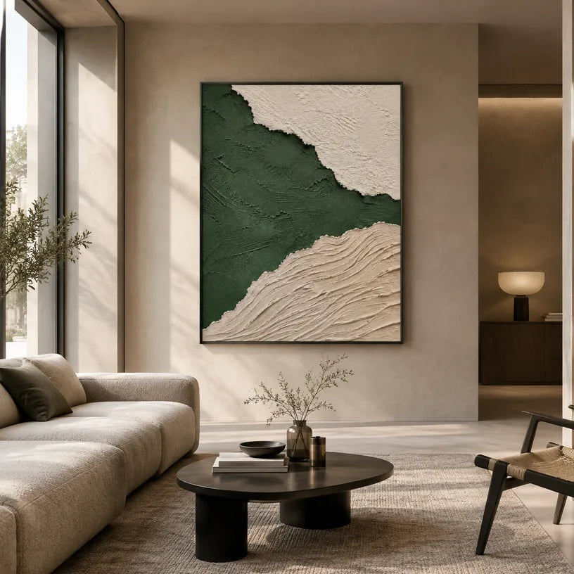 Plaster & Texture abstract oil painting showing layered abstract marks, texture and expressive painterly movement in a green palette.