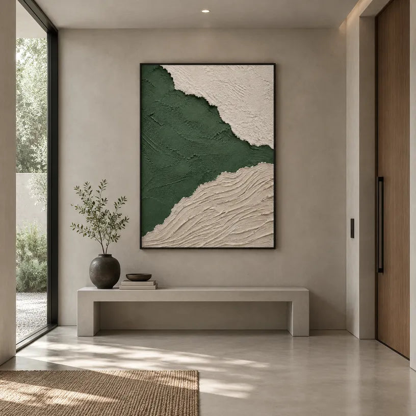 Plaster & Texture abstract oil painting showing layered abstract marks, texture and expressive painterly movement in a green palette.