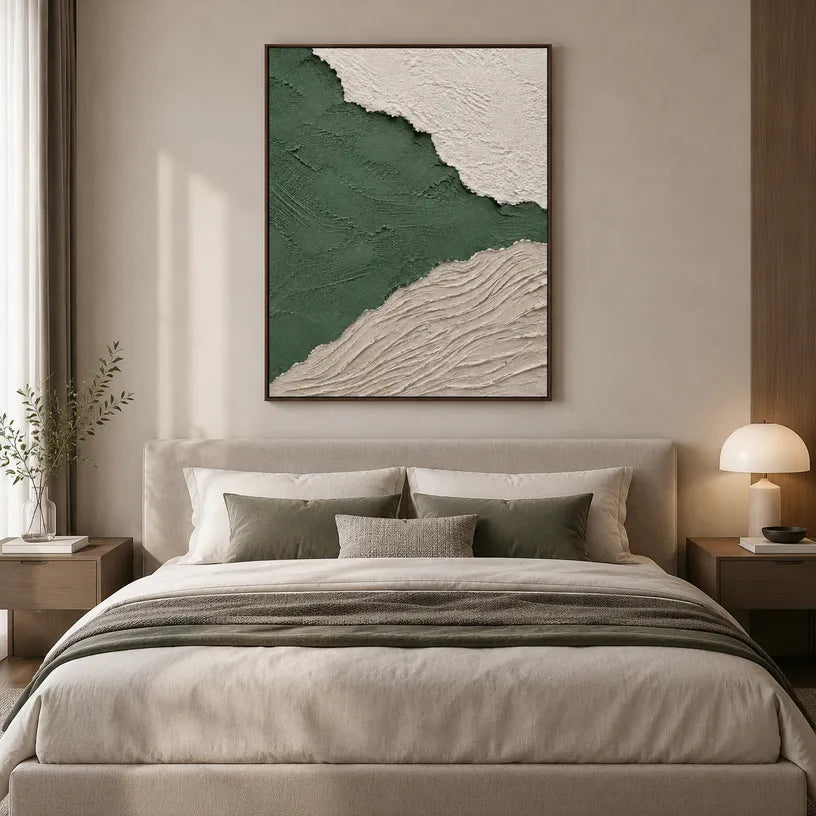 Plaster & Texture abstract oil painting showing layered abstract marks, texture and expressive painterly movement in a green palette.