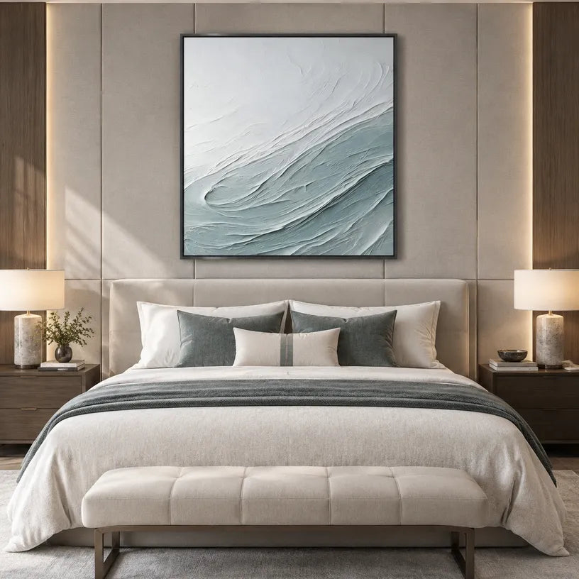 Plaster & Texture abstract oil painting showing layered abstract marks, texture and expressive painterly movement in a grey palette.