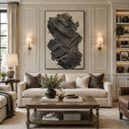 Plaster & Texture abstract oil painting showing layered abstract marks, texture and expressive painterly movement in a black palette.