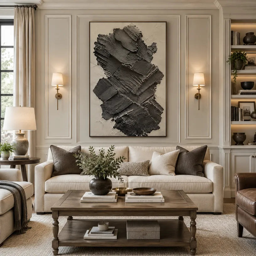 Plaster & Texture abstract oil painting showing layered abstract marks, texture and expressive painterly movement in a black palette.