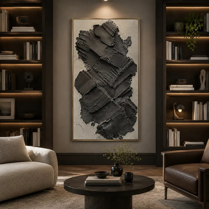 Plaster & Texture abstract oil painting showing layered abstract marks, texture and expressive painterly movement in a black palette.
